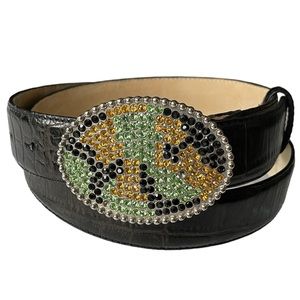 Fina Firenze Croco Embossed Dark Brownish Black Leather Belt, Jeweled Buckle L